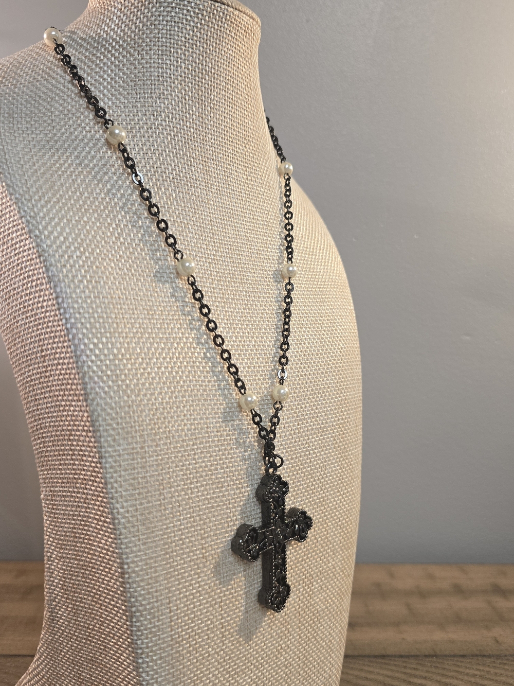 Black Cross Pendant Necklace with Pearl Accents